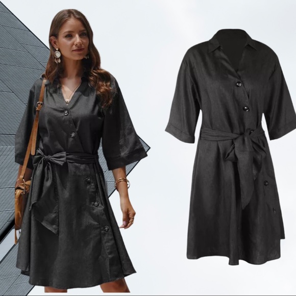 Black Denim Tie Waist Button Down V Neck Dress - Picture 7 of 10